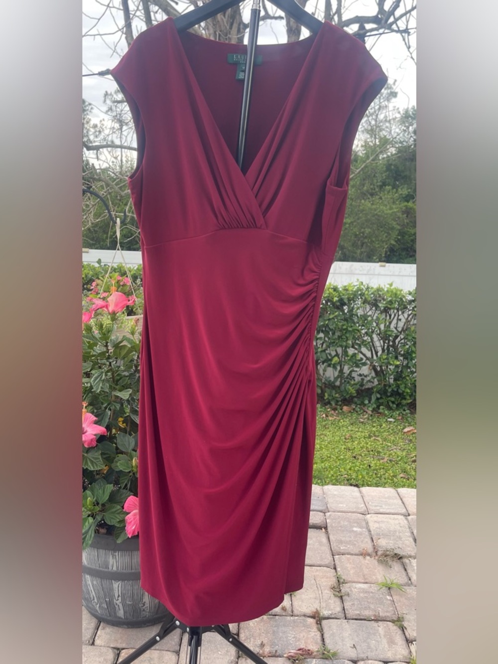 Lauren Ralph Lauren Sleeveless V-Neck Ruched Burgundy Maxi Dress